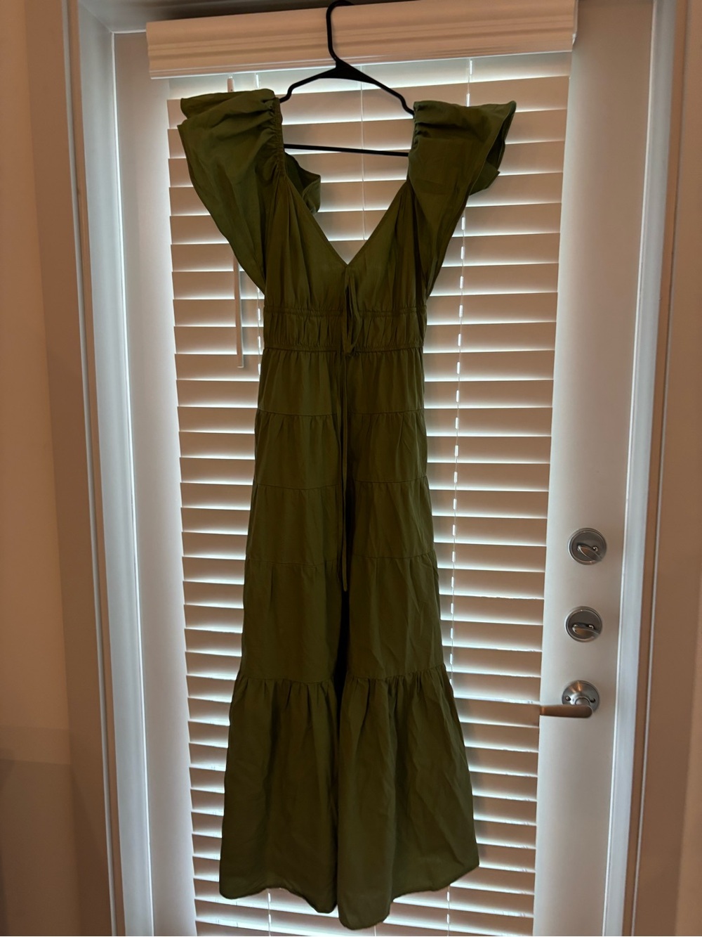 Moon River Olive Green V-Neck Tiered Maxi Dress